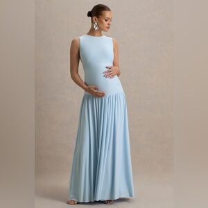CLUB L LONDON Powder Blue Crew-Neck Maternity Maxi Dress With Pleated Skirt